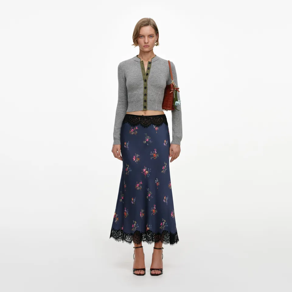 Self Portrait Navy Satin Midirock Blau Spitze Floral