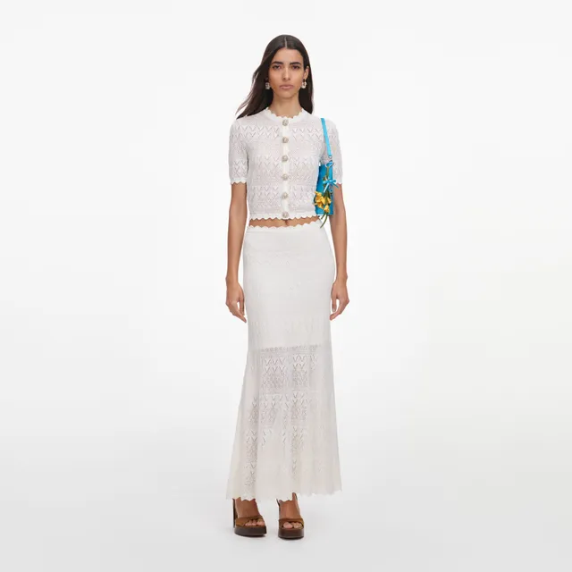 Self Portrait White Pointelle Knit Midi Rock Weiß S Strick