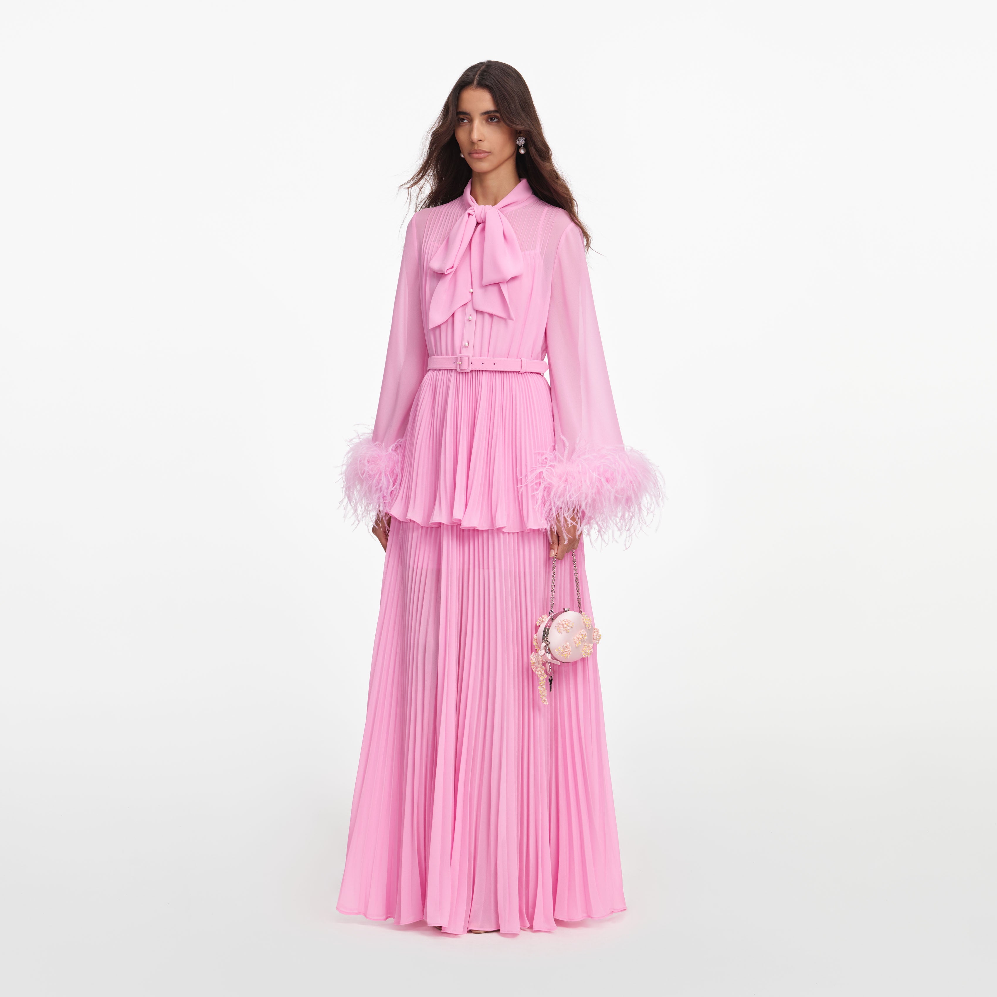 Self Portrait Pink Georgette Feather Maxikleid Pink Feder