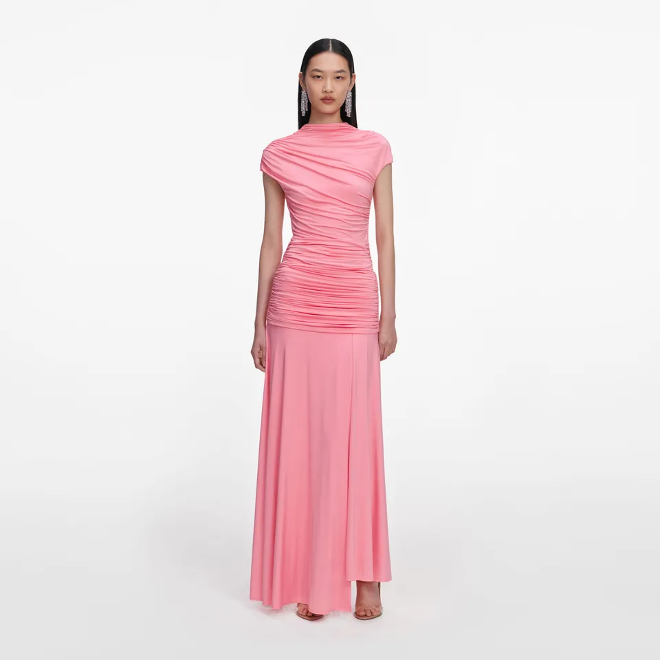 Self Portrait Pink Jersey Gathered Maxi Skirt Rock Pink UK 6