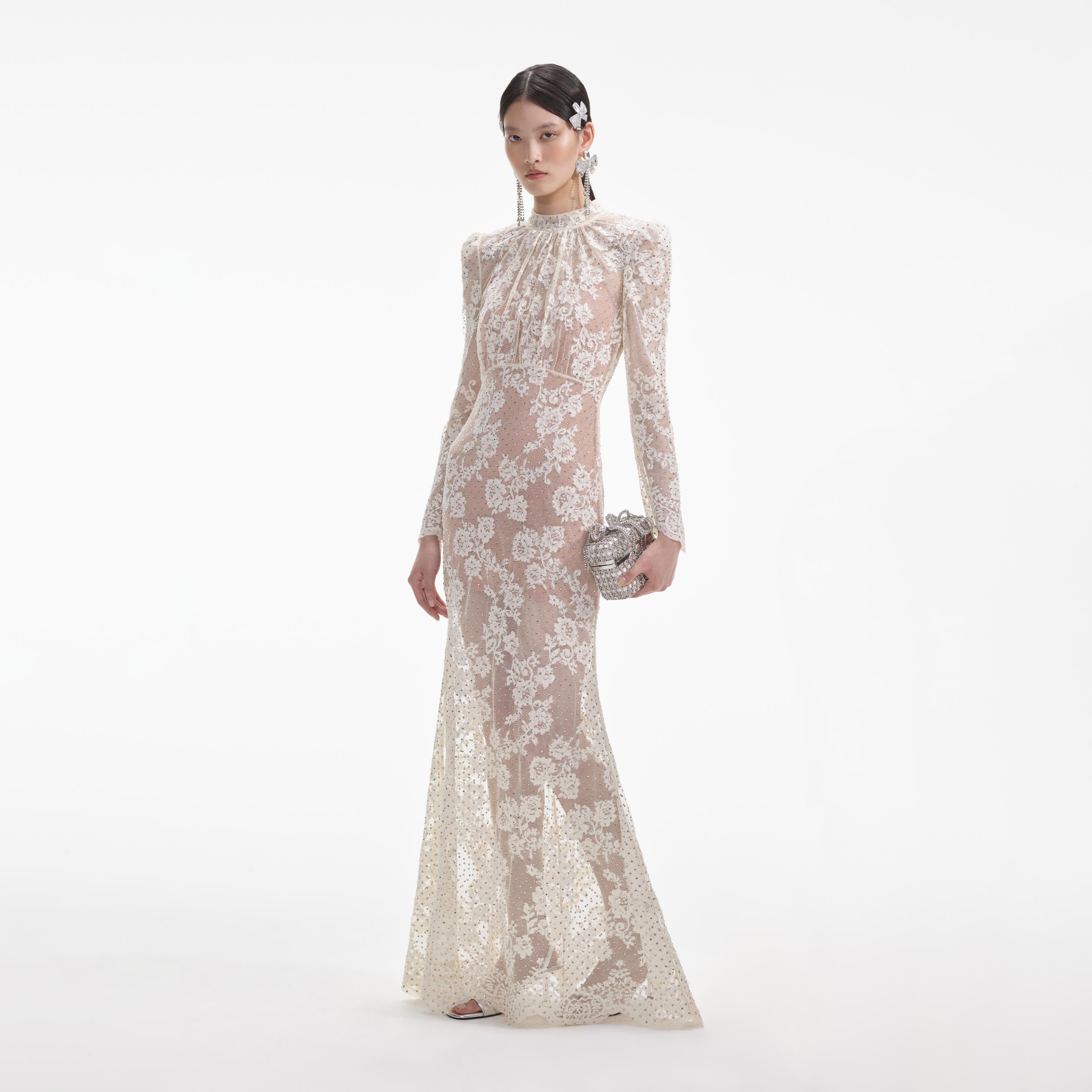 Self Portrait White Rhinestone Lace Maxi Kleid Weiß Strass