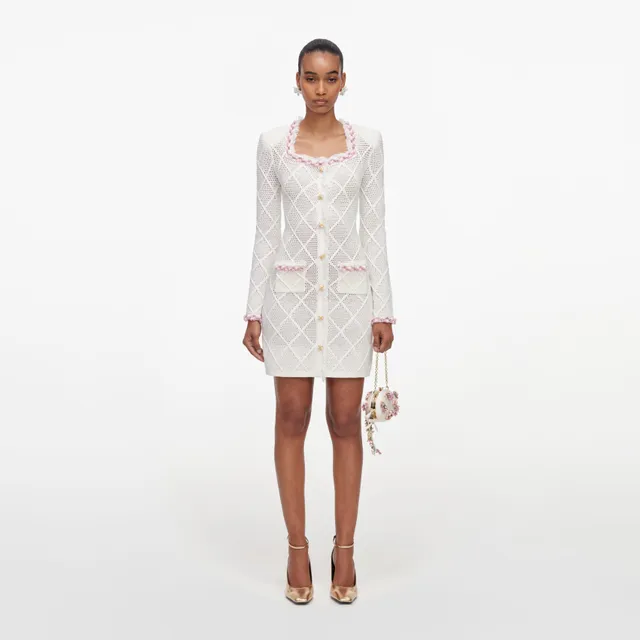 Self Portrait Cream Fringe Strick Mini Kleid Creme