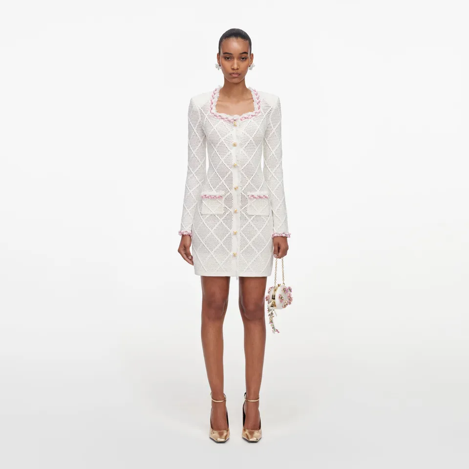 Self Portrait Cream Fringe Strick Mini Kleid Creme