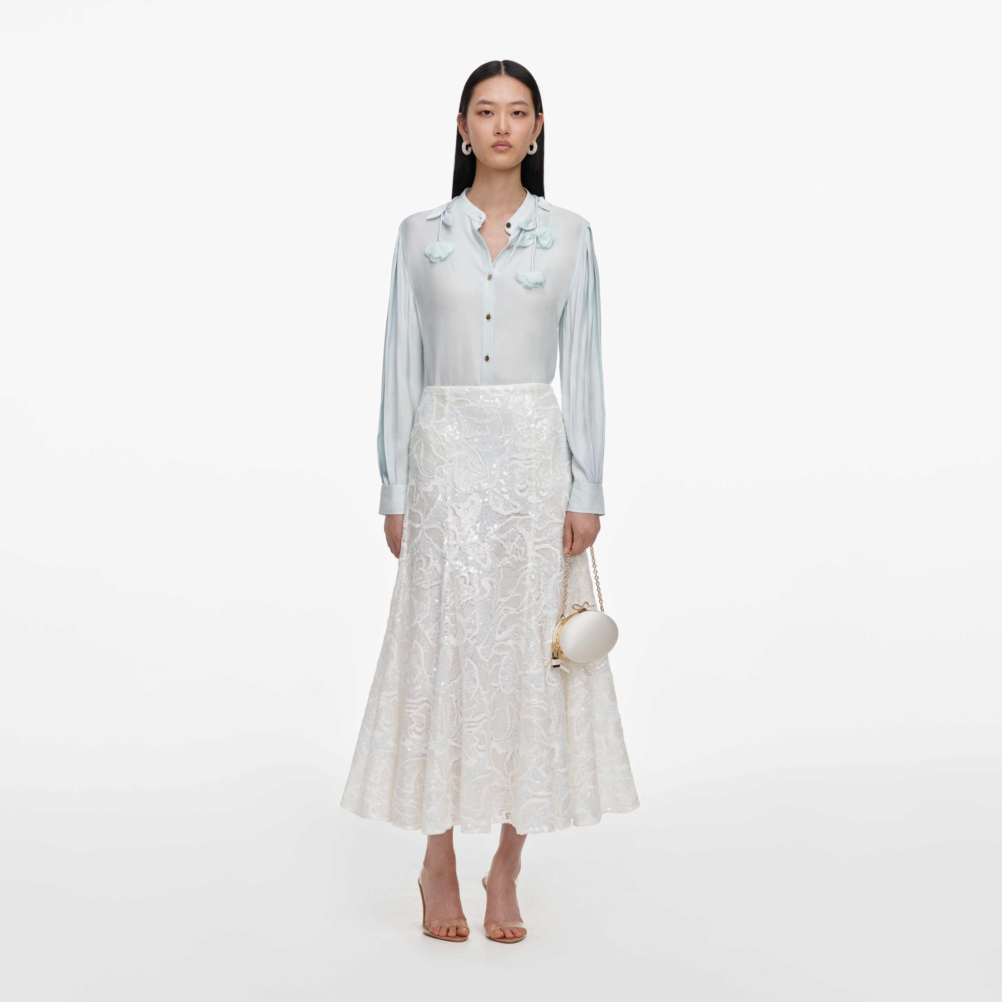 Self Portrait White Sequin Lace Midi Rock Weiß Pailletten UK 6