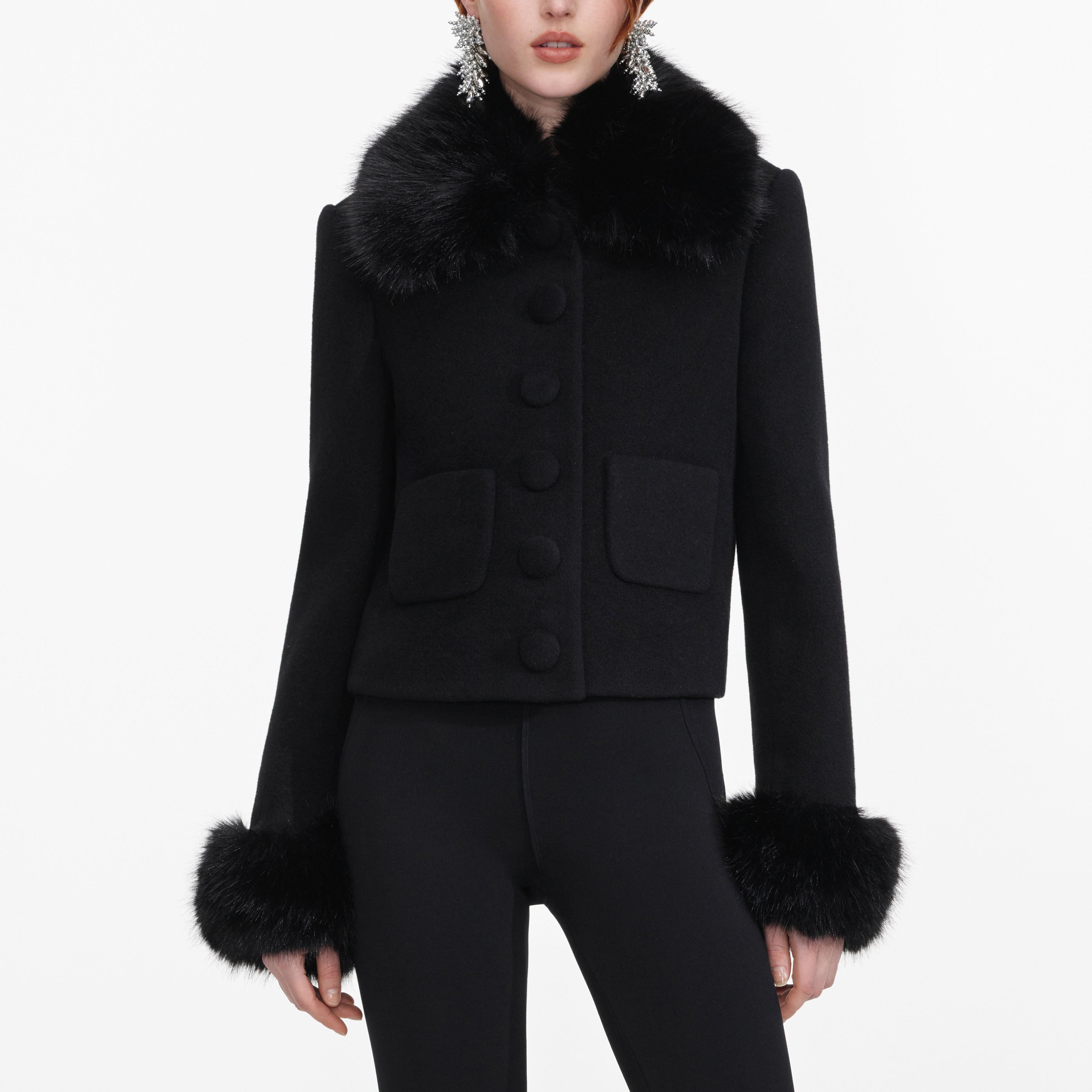 Self Portrait Black Wool Fur Cuff Jacke Schwarz UK 6