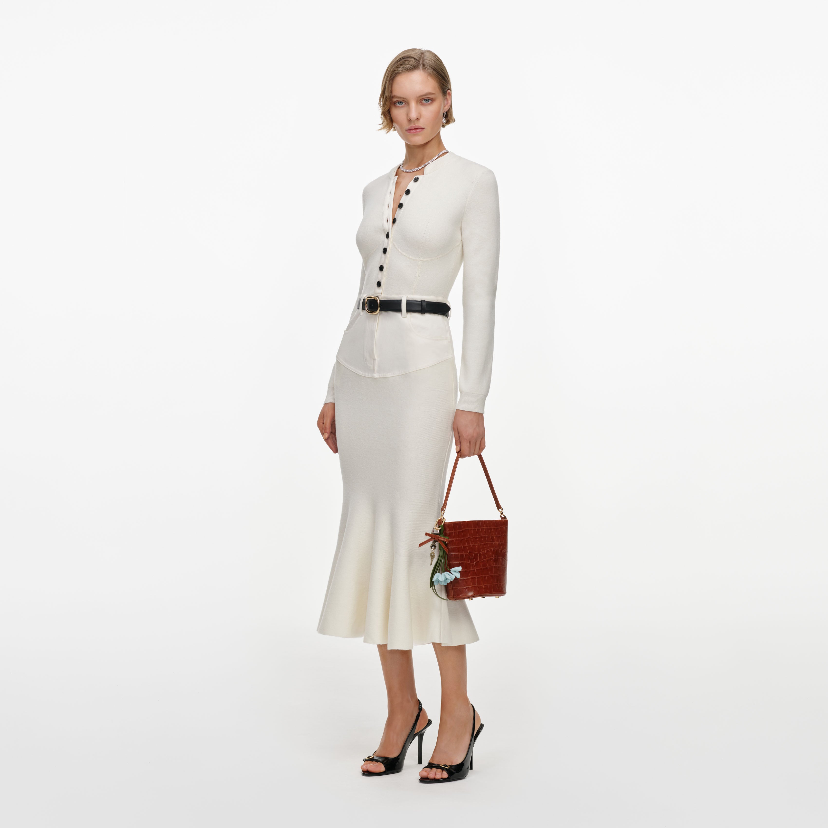 Self Portrait Cream Knit Denim Midi Kleid Creme